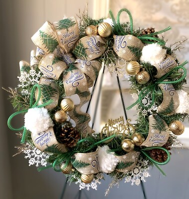 Christmas Wreath, Holiday Wreath, Snowballs and Snowflakes, Winter Wreath, Merry Christmas, Pine Cone Wreath, Christmas Ribbon, Front Door - image5